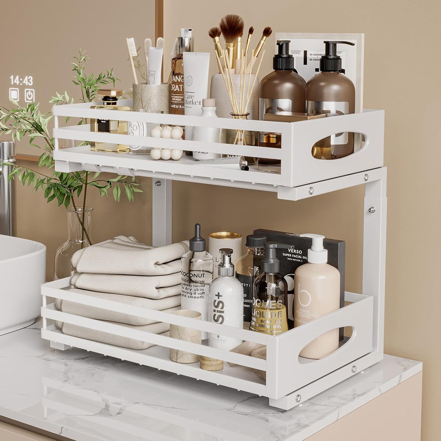 Under Sink Organizer - 2 Tier Adjustable Storage Solution | Slide-Out Metal Cabinet Drawer (White)