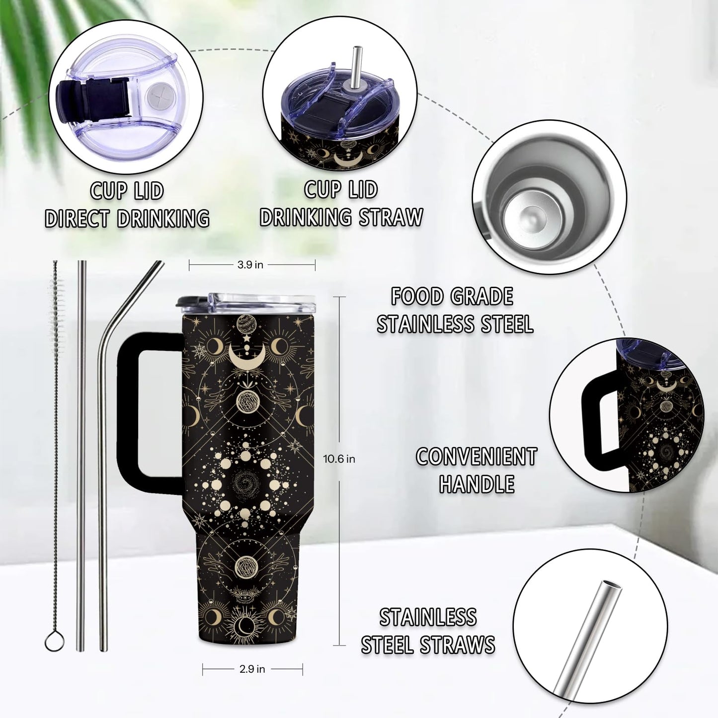 Uibunoo Goth Gifts for Women, 40 Oz Goth Tumbler with Handle & Straw, Birthday Presents for Goths Style Lovers, Stainless Steel Goths Tumbler, Moon Witchy Cup, Gifts for Thanksgiving Christmas, 1 PCS