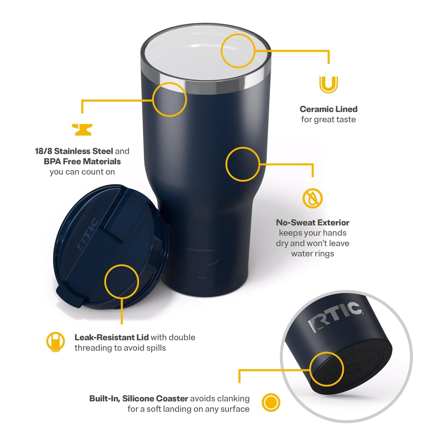 RTIC 40oz Essential Tumbler with Lid, Ceramic Lined, Insulated, Stainless Steel, Metal, Double Wall Vacuum-Insulation, Travel Cup for Iced Coffee, Tea, Hot and Cold Drink, Navy
