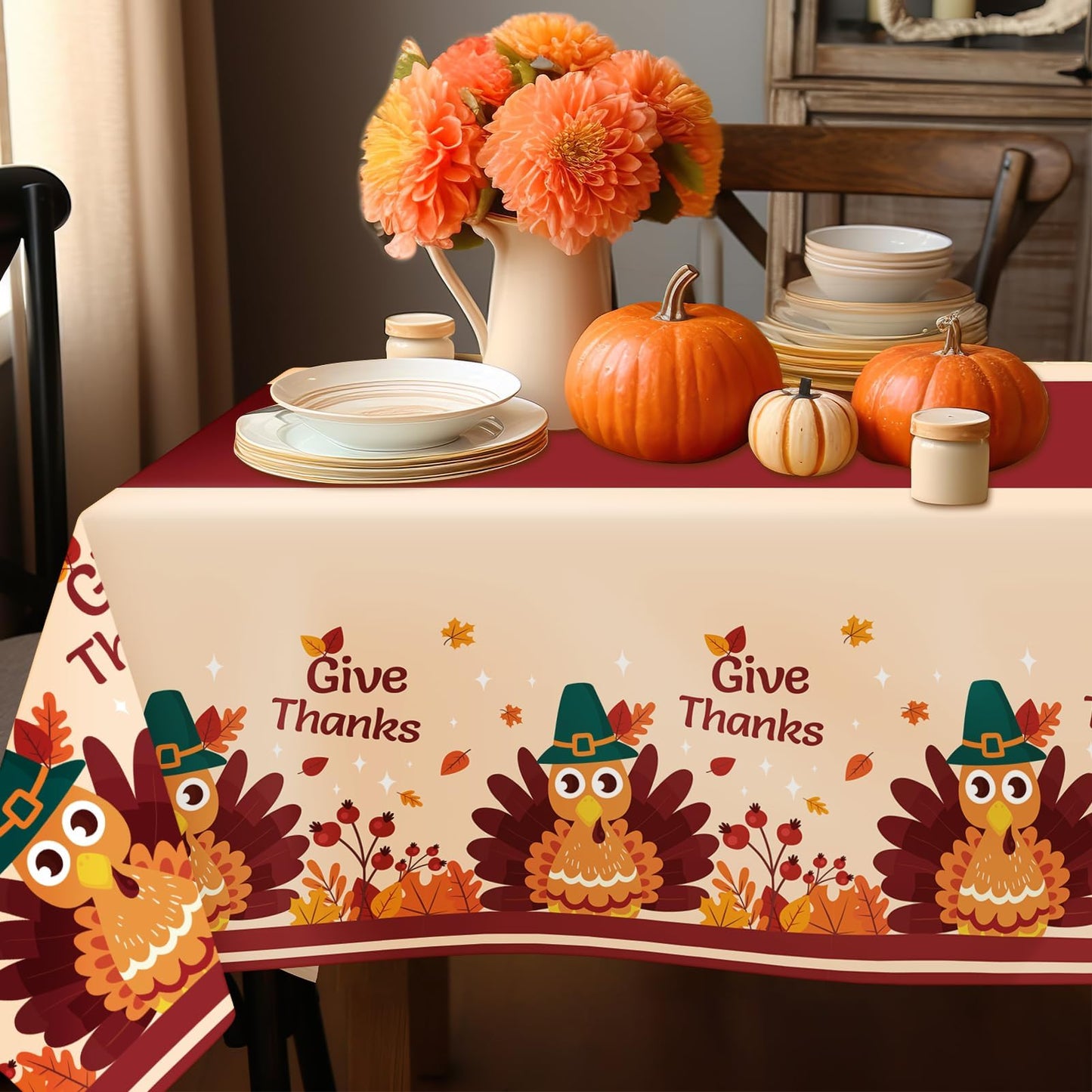 Thanksgiving Tablecloth,2 Pack Disposable Plastic Tablecloths for Rectangle Tables 54"x108",Thanksgiving Decorations,Turkey Table Cloths for Home,Dinner,Give Thanks Table Cover for Picnic,Birthday