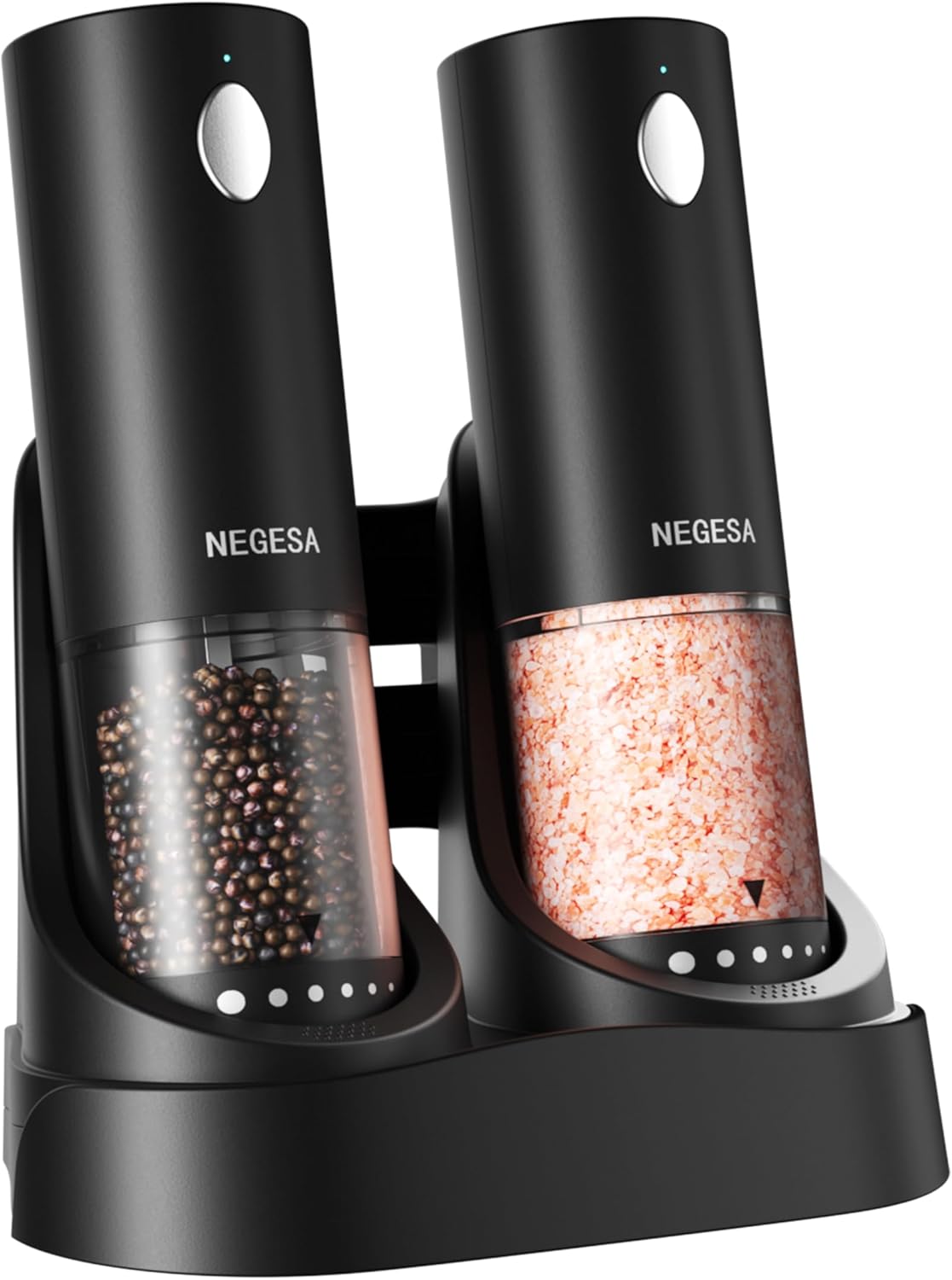 Skiennix Electric Salt and Pepper Grinder Set - Rechargeable Automatic Shakers with LED Light & Adjustable Coarseness, Black