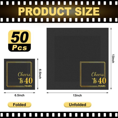 40th Birthday Cocktail Party Napkins-50PCS 13 * 13 inches Cheers to Years Disposable Paper Napkins for Birthday Wedding Anniversary Decorations Party Props Supplies Black and Gold (40th)