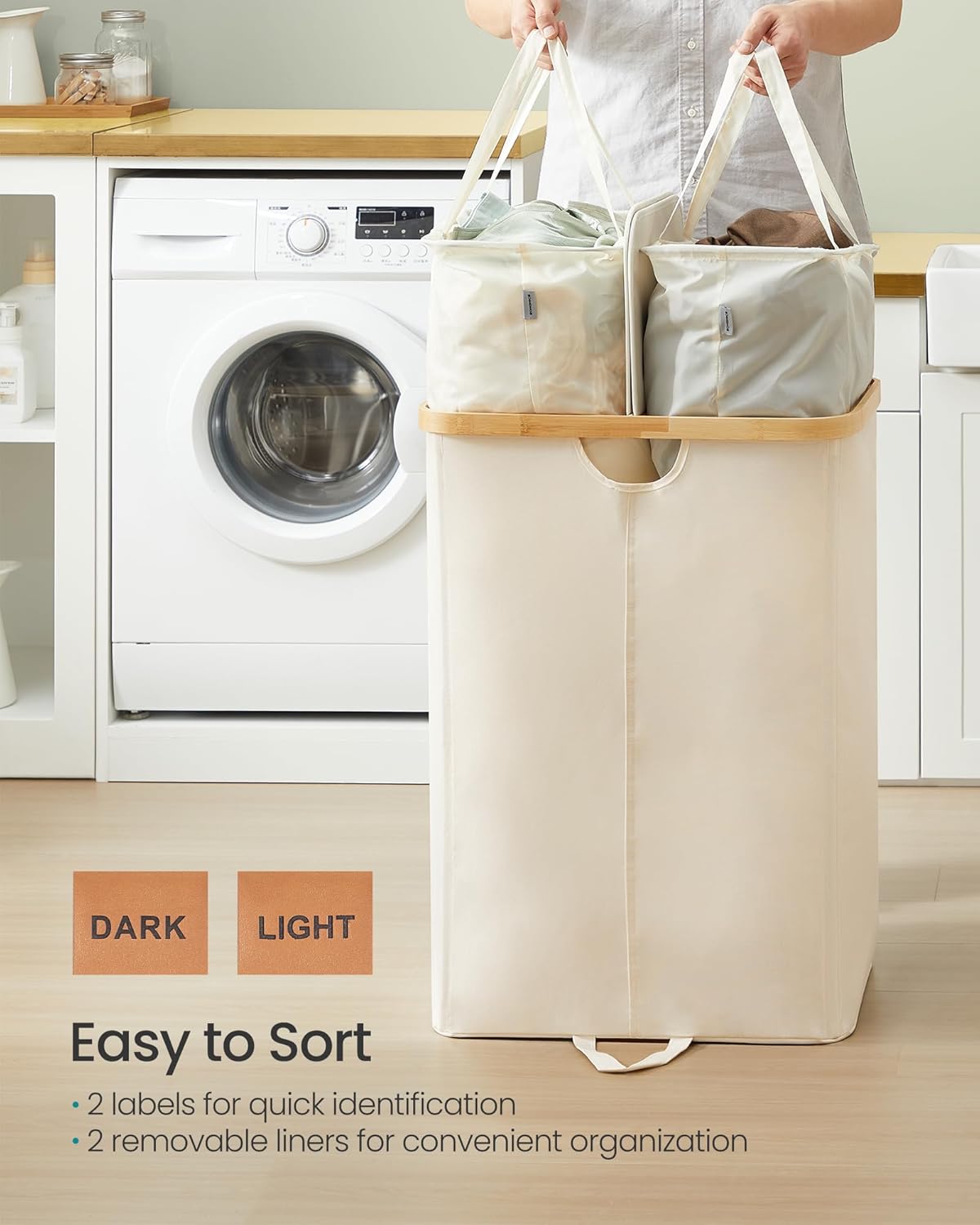SONGMICS Laundry Hamper - 39 Gal. Dual Compartment Basket with Removable Liner - Cream White & Light Bamboo