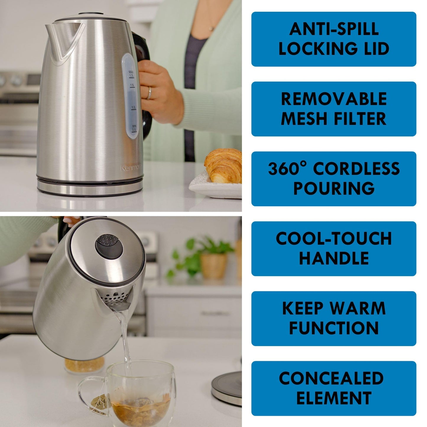 Kenmore Digital Cordless Kettle1.7 L/1.8 Quarts Capacity, Stainless Steel Electric Kettle with Digital Temperature Control, Concealed Heating Element, and Keep Warm Mode, Silver, Standard