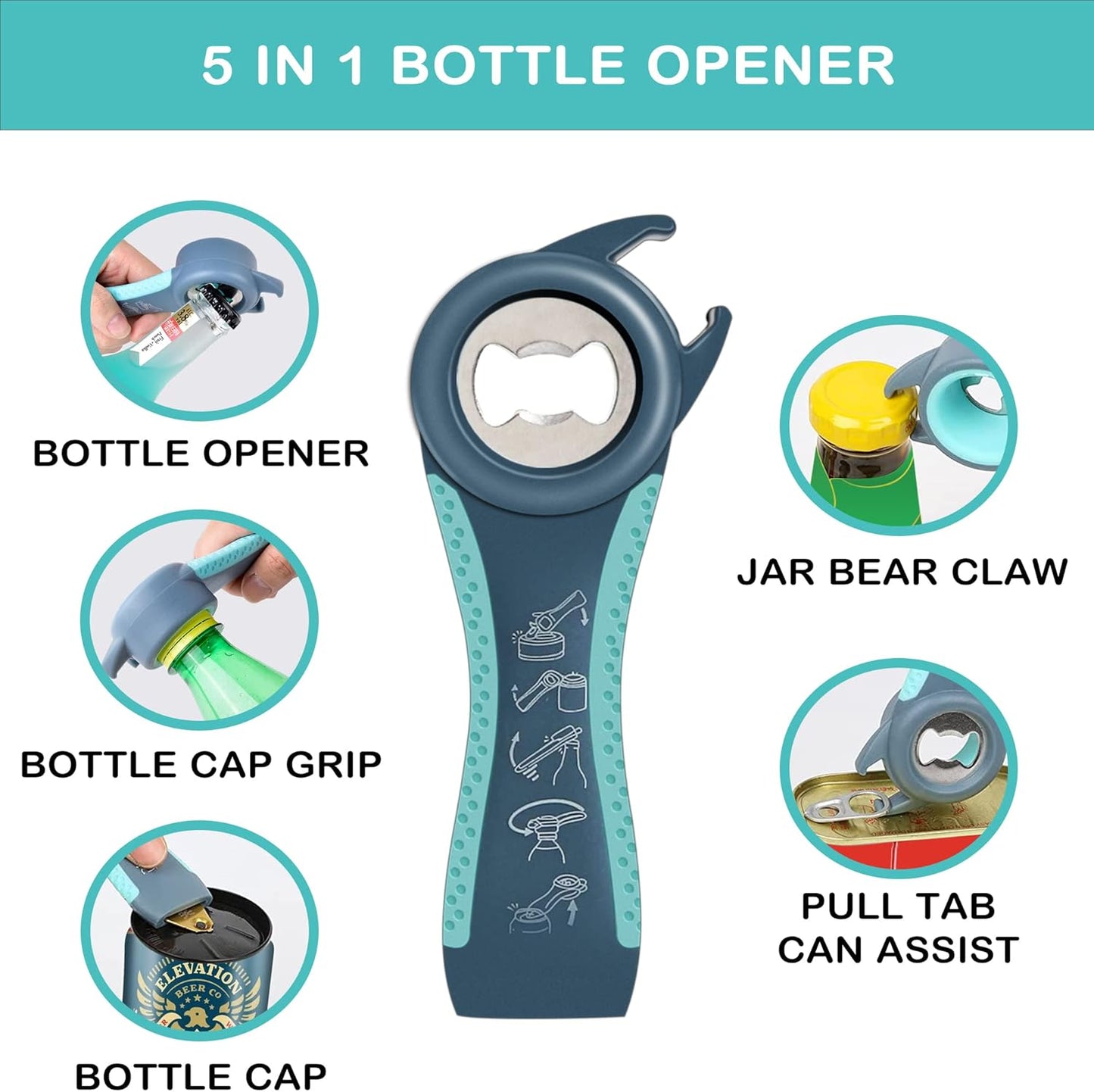Skiennix Jar Opener - 5-in-1 Multi-Function Tool for Weak Hands | Non-Slip Grip & Corkscrew - Blue