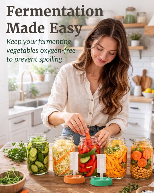 Elementi Mason Jar Fermentation Lids - Easy to Use Fermenting Lids for Wide Mouth Mason Jars - Make Delicious Sauerkraut & Kimchi, Airlocks Fermentation Kit, Burping Air Lock Fermenters - Set of 4