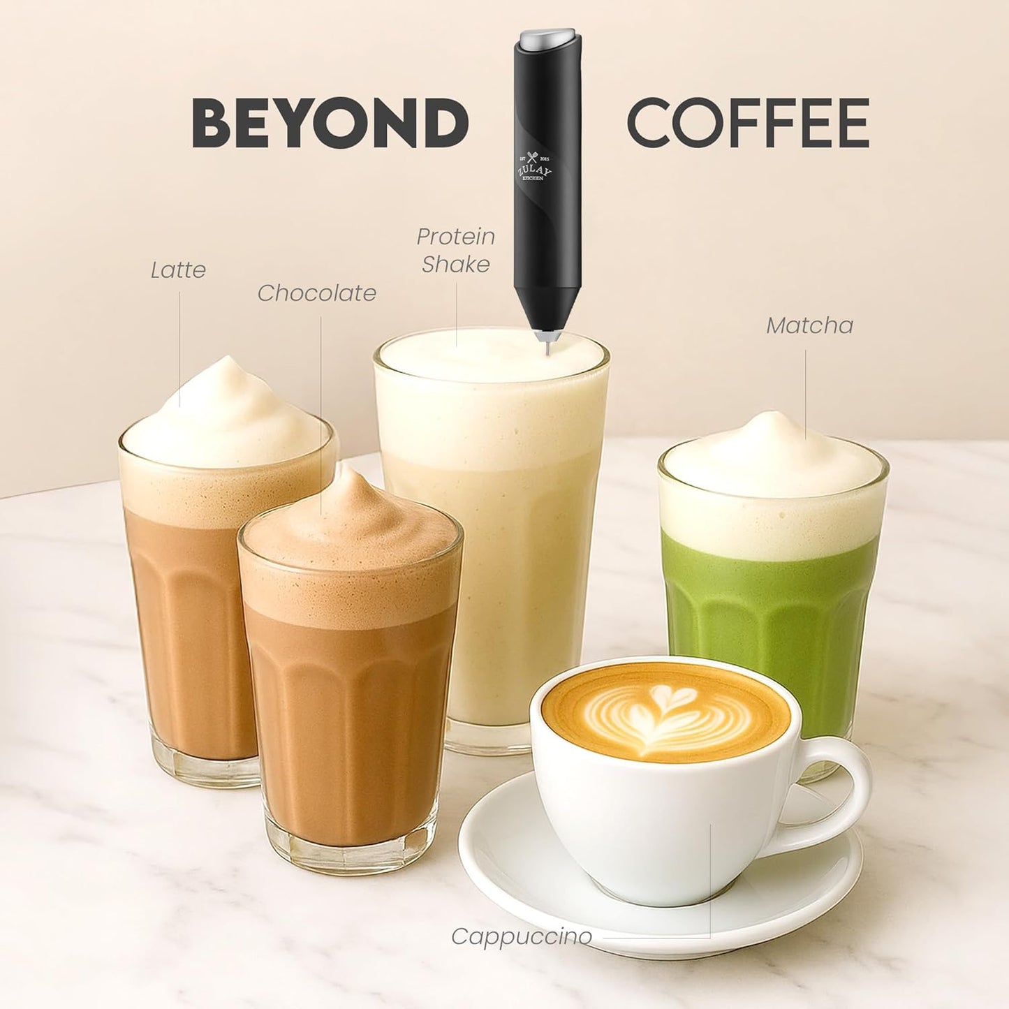 Zulay Kitchen Milk Frother Wand - Powerful Handheld Stainless Steel Mixer for Coffee & Lattes - Midnight Black