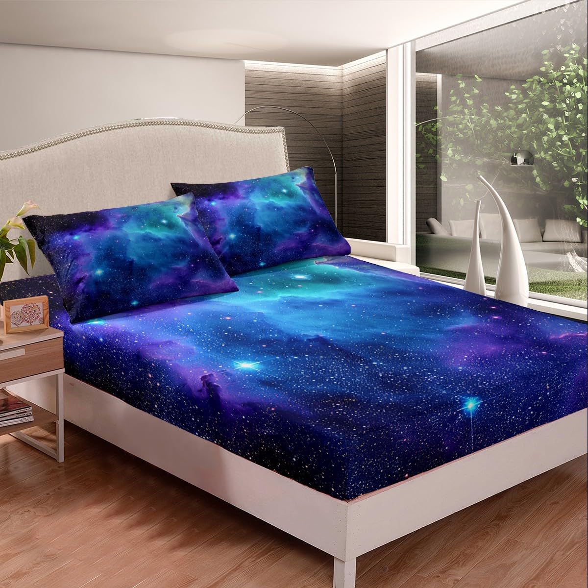 Feelyou Galaxy Sheet Set Queen Size Out Space Bedding Blue Nebula Universe 100% Microfiber Deep Pockets Bed Sheets 4 Pcs - 1 Falt& 1 Fitted Sheets with 2 Pillow Shams