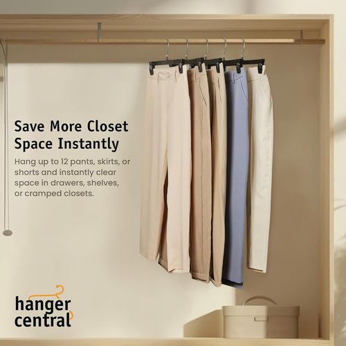 Hanger Central 12 Inch Slim Plastic Pants Hangers - Heavy Duty Space-Saving Clips for Skirts & Shorts - Black