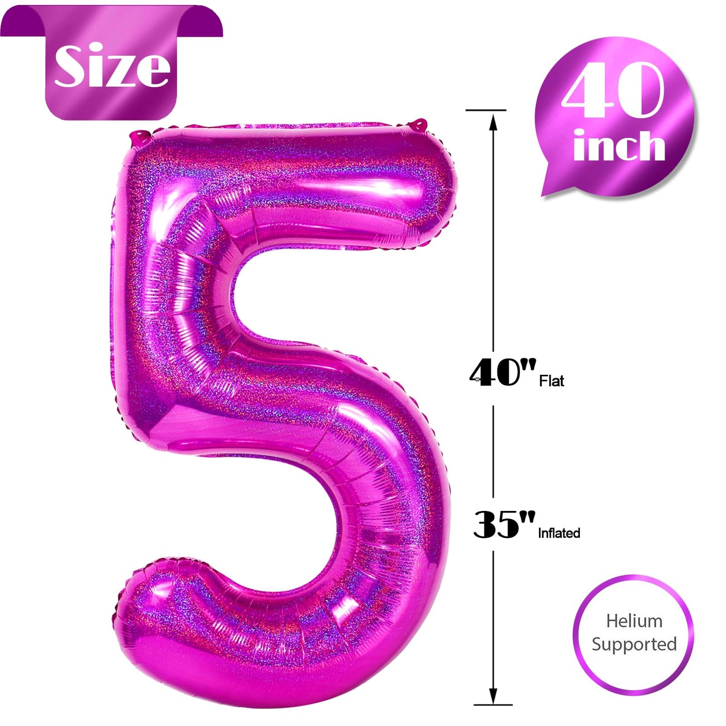 Laser Hot Pink 5 Balloon, Number Balloons 40 Inch, 5th Birthday Balloon Decorations, Laser Hot Pink Party Supplies, 5 Number Balloons, Number 5 Balloon
