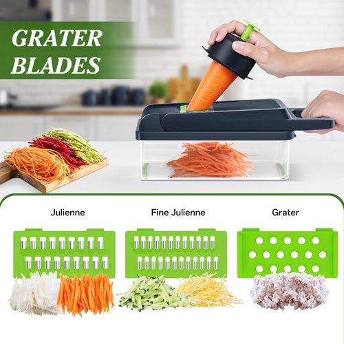 HomeHacks Vegetable Chopper - 12-in-1 Multi-Functional Kitchen Gadget with Handle | Green Dicer, Slicer & Grater