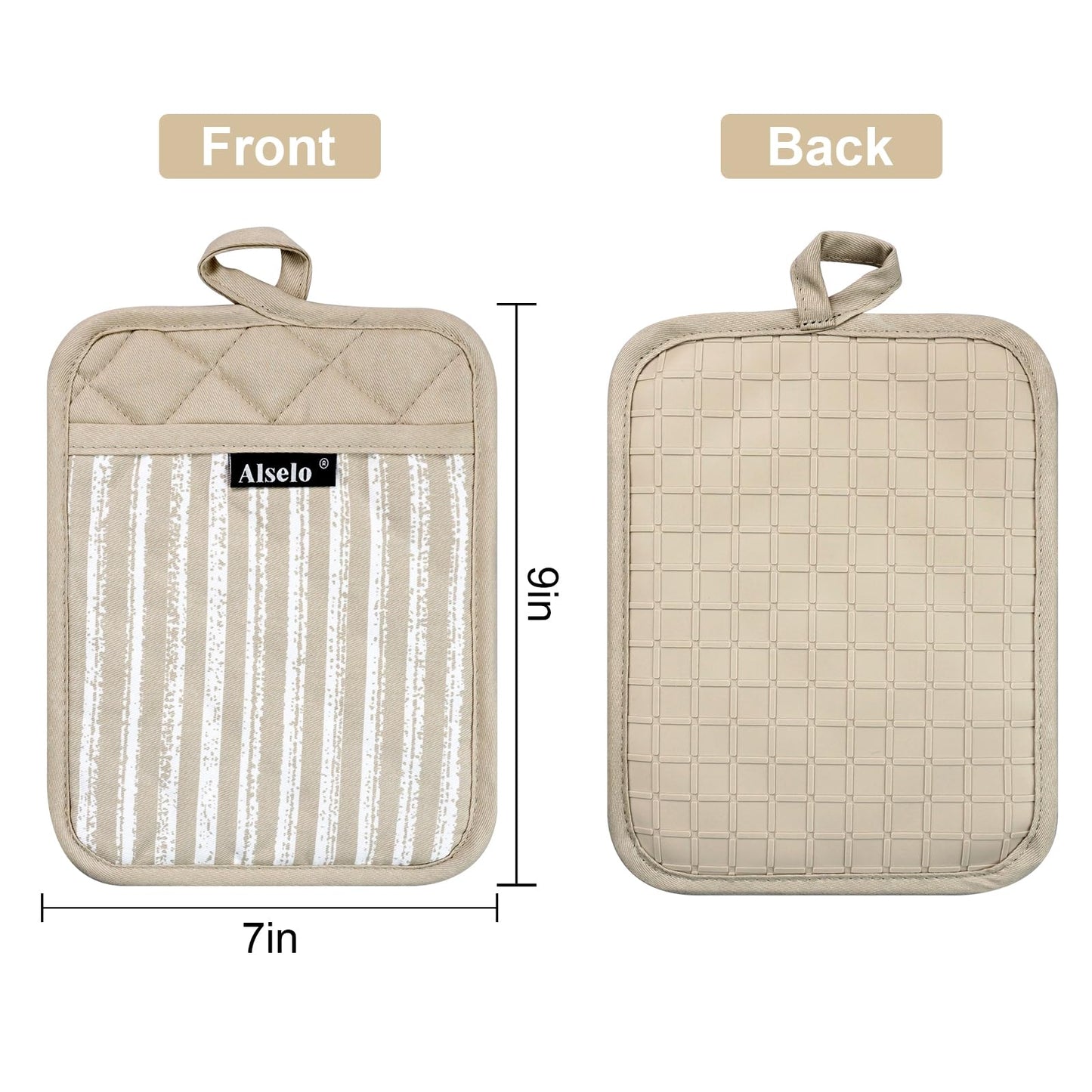 Alselo Silicone Pot Holders Set of 3 Heat Resistant & Non Slip Potholders, Professional Oven Hot Pads with Pockets Mitts for Kitchen Cooking Baking Barbecue (Khaki, 3)