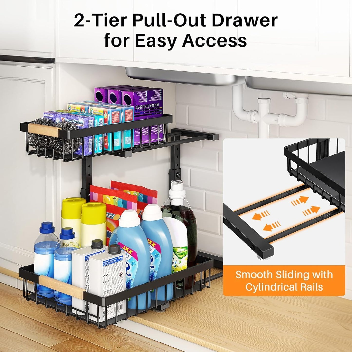 PXRACK Under Sink Organizer - Adjustable 2-Tier Pull-Out Storage for Kitchen & Bathroom | Large Black 2-Pack