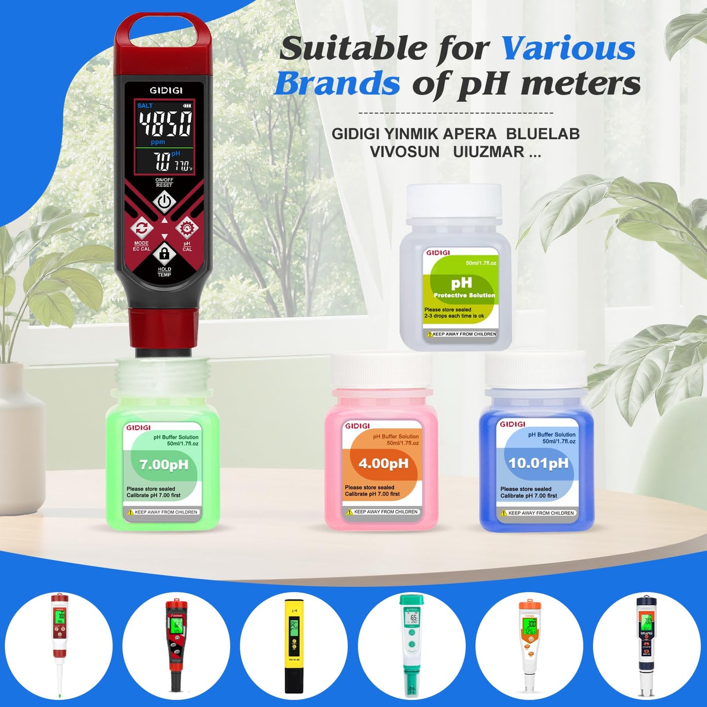 pH Calibration Solution Kit (4,7,10 pH Buffer Solution) & pH Electrode Storage Solution 3 * 50ml pH Buffer Calibration Solution + KCl pH Probe Storage Solution for All pH Meters with High Accuracy