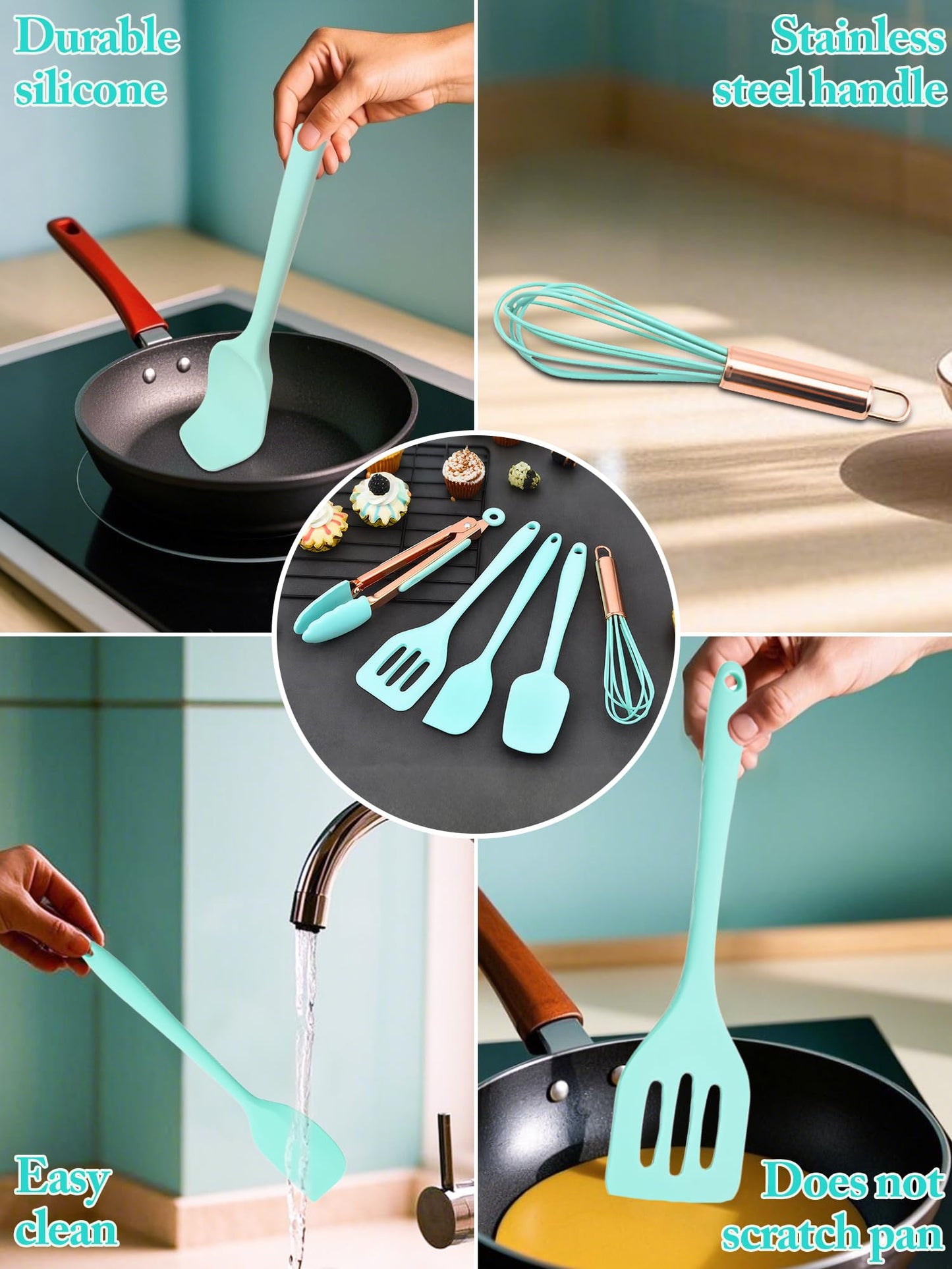 Kitchen Utensil Set,5 Pcs Mini Silicone Cooking Utensils Sets,Heat Resistant Non Stick Kitchens Gadgets BPA-Free Spatula Set,Kids Kitchen Tools Kitchen Set for Cooking