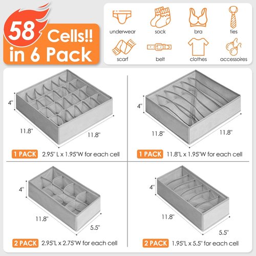 Criusia Sock Organizer - 6 Pack Foldable Drawer Dividers for Clothing Storage | Grey Fabric Bins