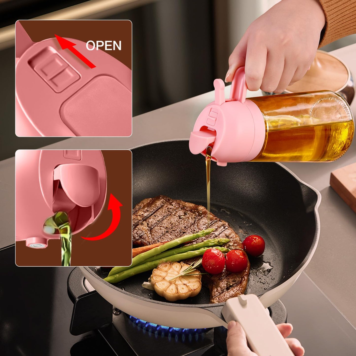YARRAMATE 16oz/470ml Oil Sprayer for Cooking with Stickers, Food-grade Premium 2 in 1 Olive Oil Dispenser Bottle for Kitchen Gadgets, Air Fryer, Salad, Frying, BBQ (Pink)