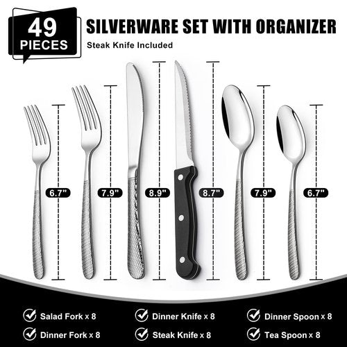 49-Piece Hammered Silverware Set with Organizer, Food-Grade Stainless Steel Flatware for 8, Cutlery Utensil Sets with Steak Knives, Rust-proof, Mirror Polished, Dishwasher Safe, Round Hammered