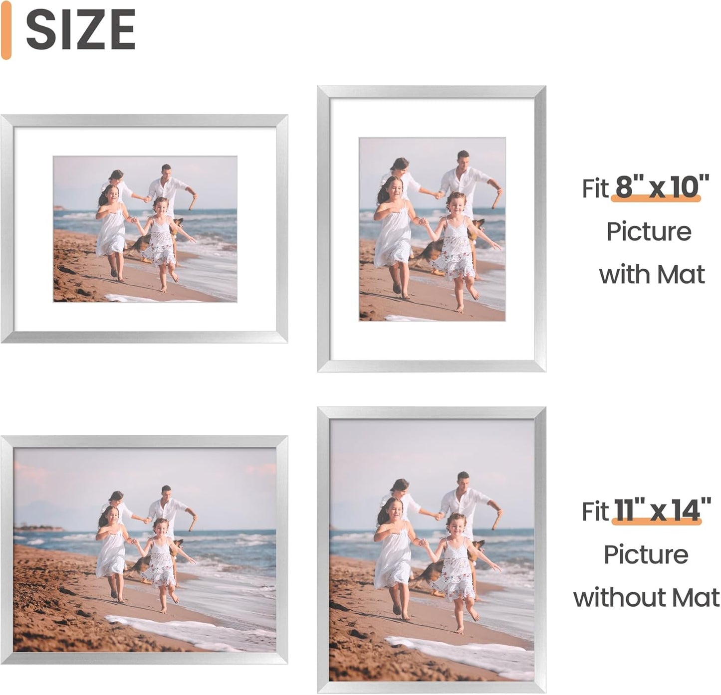 Upsimples 11x14 Picture Frame Set of 5 - Display 8x10 Photos with Mat or 11x14 Without Mat | Silver Wall Gallery Frames