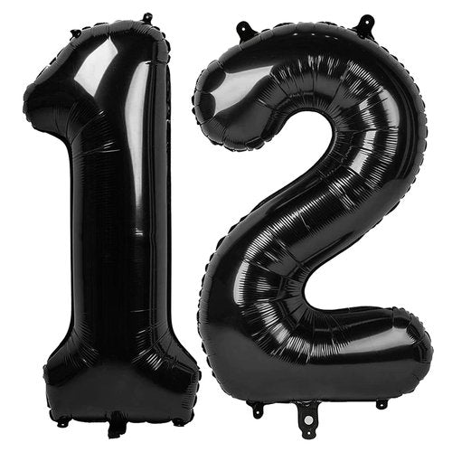 Black Number 12 Balloon 40 Inch, 12th Birthday Party Decorations for Children, Giant 12 Foil Balloon for Party Supplies