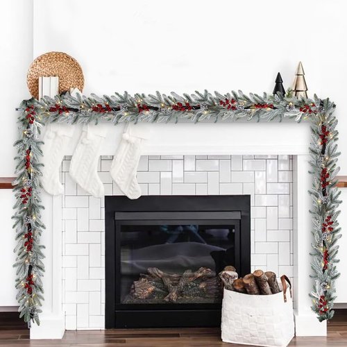 Bdor 6FT Pre-Lit Christmas Garland - Snow Flocked Pine with Red Berries & Pinecones | Battery Operated Holiday Decor