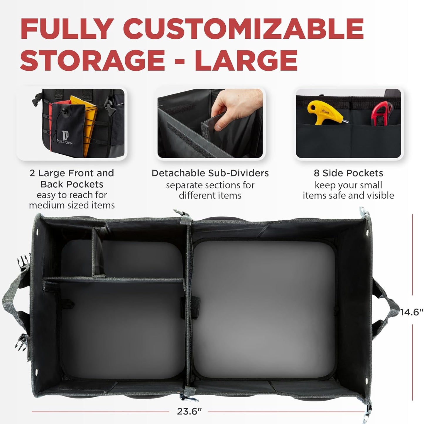 TRUNKCRATEPRO Car Trunk Organizer - Premium Adjustable & Collapsible Design | Large Size, Black with Non-Slip Bottom