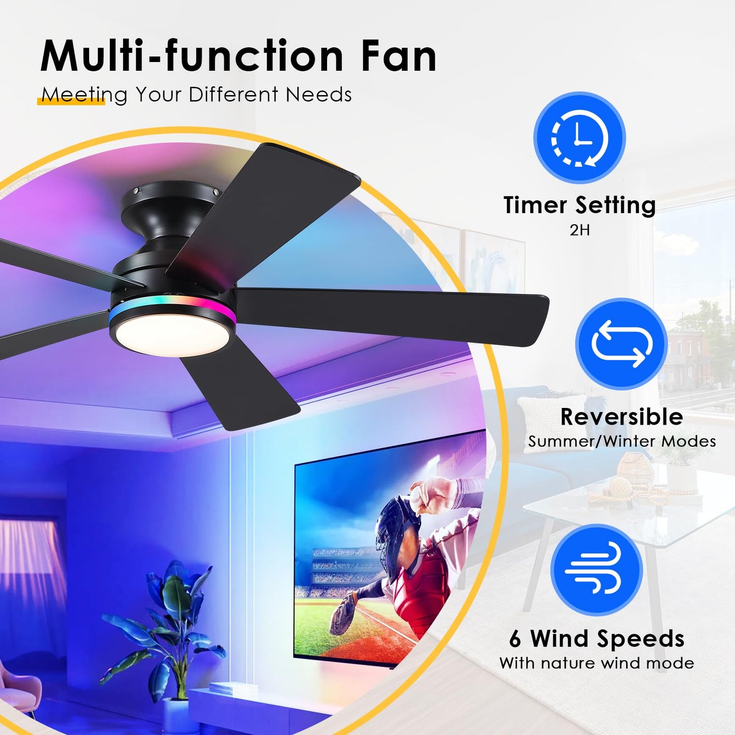 BYKISTOK 46In RGB Ceiling Fans with Lights - Black Flush Mount Ceiling Fan Light with Remote/APP, RGB+3CCT 6 Wind Speeds, Modern Low Profile Fan Light Fixture for Party, Kid's Room