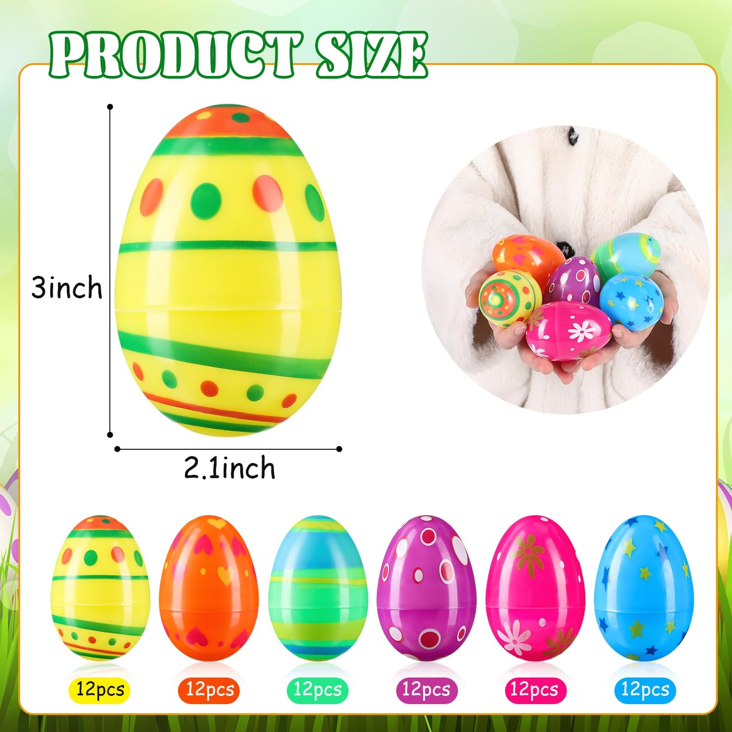 RoundFunny 72 Pcs Fillable Easter Eggs Empty Plastic Eggs Bright Basket Stuffers Easter Hunt Game Party Favor Boys Girls Classroom Toys Stuffers (3'')