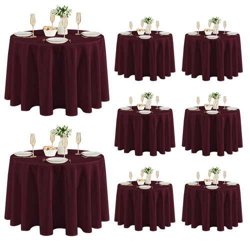 Fitable 8 Pack Round Tablecloths: Stain Resistant Wrinkle Free Circle Table Clothes, Washable Reusable Polyester Table Covers for Wedding Party Birthday Banquet Reception(Burgundy, 120 Inch)