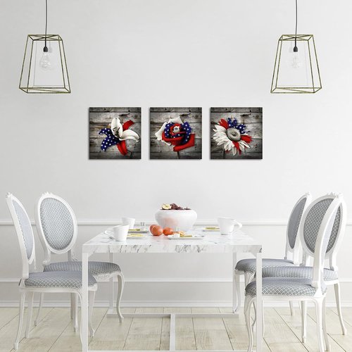 DuoBaorom Wall Art Set - Patriotic Blue Rose & Sunflower Canvas Prints | 12 x 12 Inches (3 Pieces)