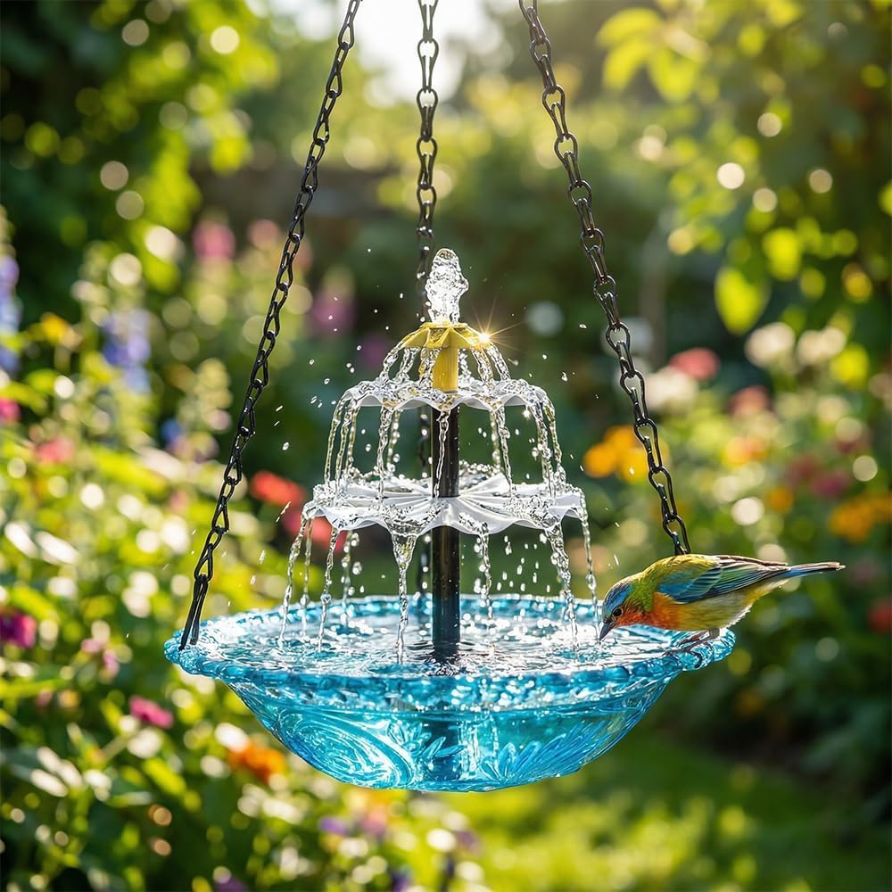 Skiennix Solar Hanging Bird Bath - Elegant Fountain Cascade for Outdoor Gardens | Blue