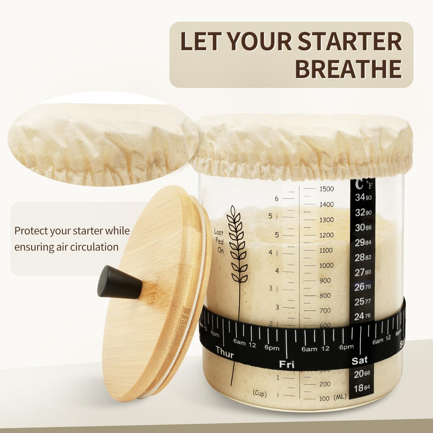 Rakovar 50oz Sourdough Starter Jar, Wide Mouth Sourdough Jar, Large Capacity Sourdough Starter Kit with Lid, Band, Date Tracker, Temp, Sourdough Bread Starter Kit for Perfect Sour Dough(2 Pack)