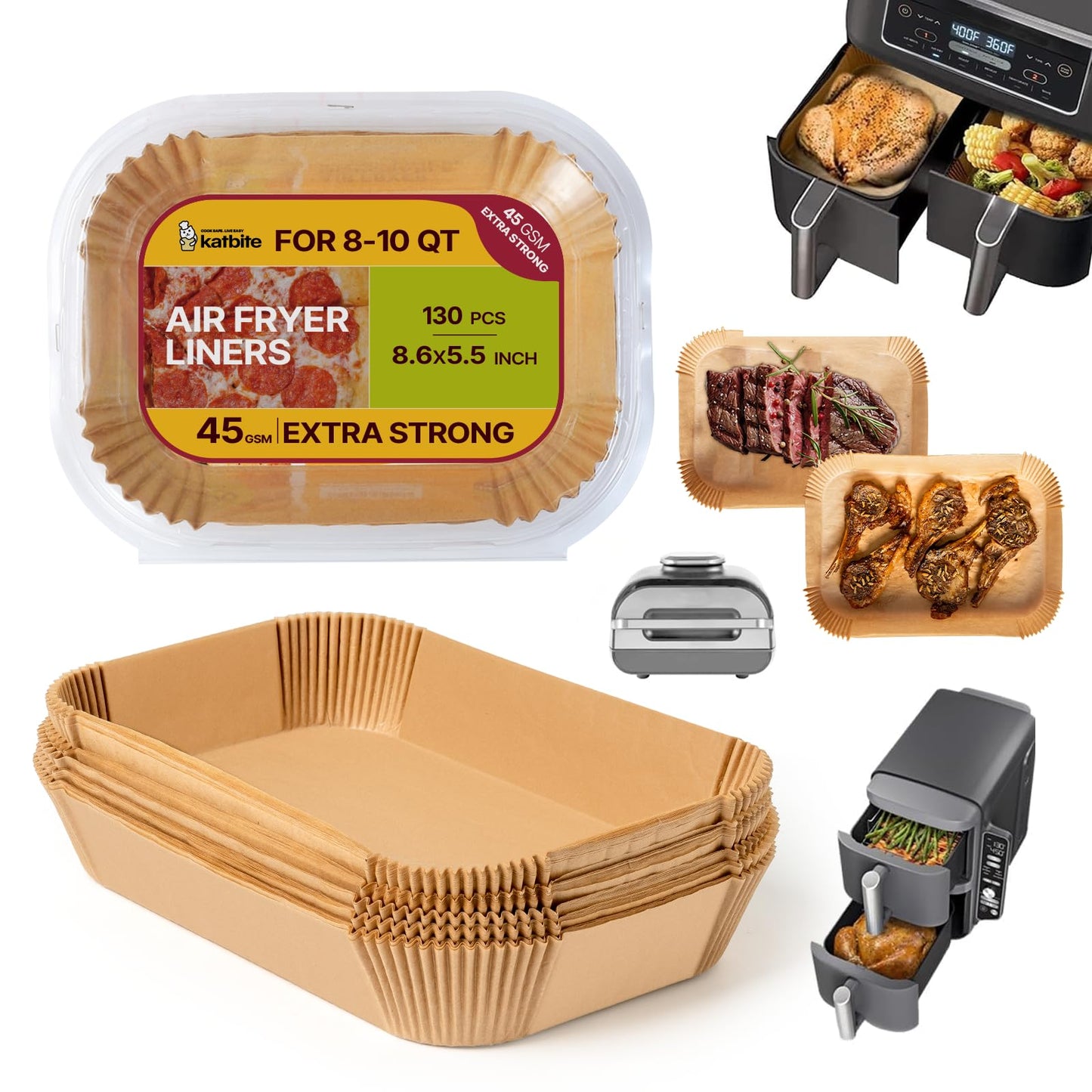 Katbite Air Fryer Liners Disposable - 8.6x5.5'' 130PCS Rectangle Paper Liners, Thick Airfryer Parchment Paper Liners for Dual Air Fryer, DZ201, DZ401, FG551
