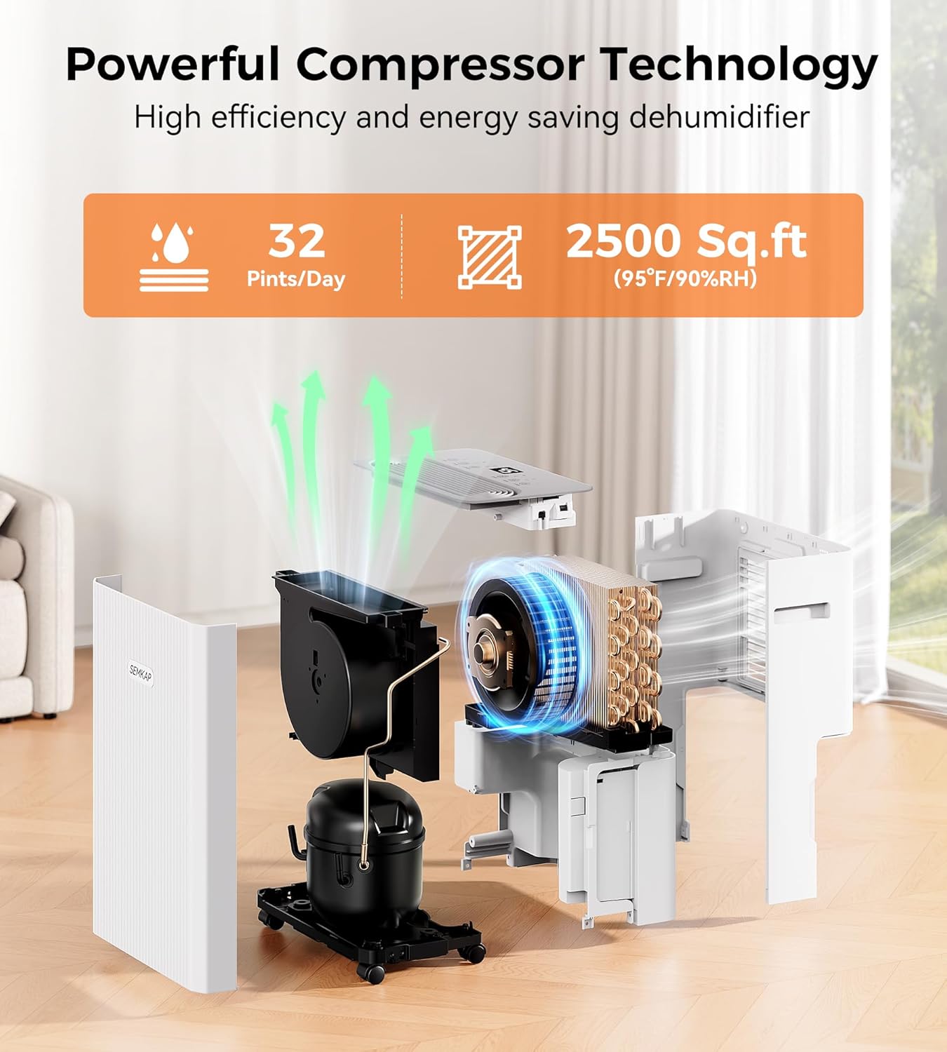 SEMKAP 2500 Sq.Ft Dehumidifier - 32 Pints for Home, Large Rooms & Basements | Low Noise & Smart Control
