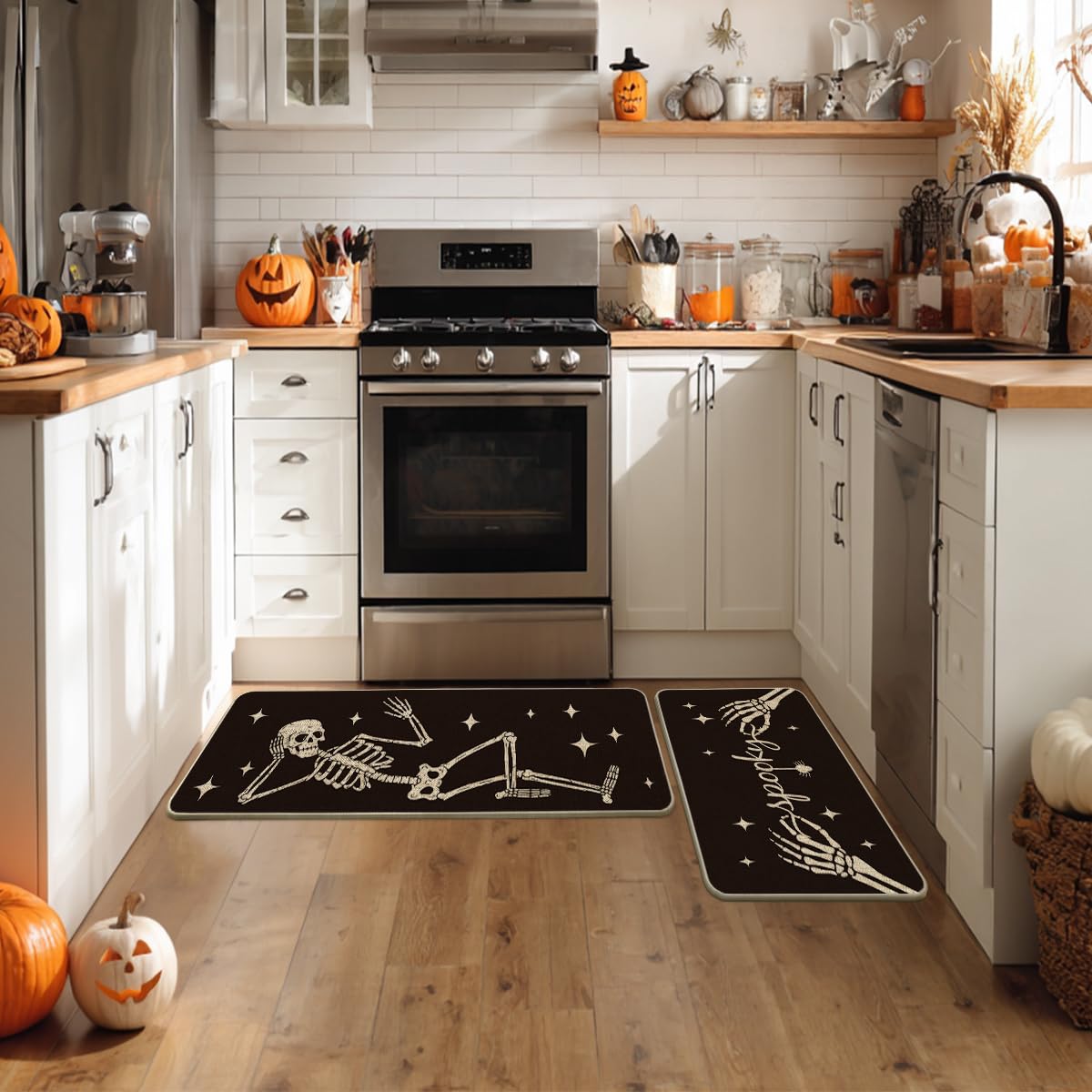 Artoid Mode Spooky Skeleton Spider Bone Black Halloween Kitchen Mats Set of 2, Black Home Decor Low-Profile Kitchen Rugs for Floor - 24x35 and 24x59 Inch
