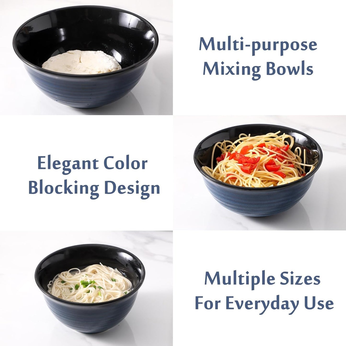 Tikooere Ceramic Mixing Bowls,Large Serving Bowls 2.1/1.5/1.0 Qt,Salad Bowls Set of 3 for Kitchen Space Saving Storage,Nesting Bowls for Popcorn,Soup,Fruit, Microwave & Dishwasher Safe,Navy Blue