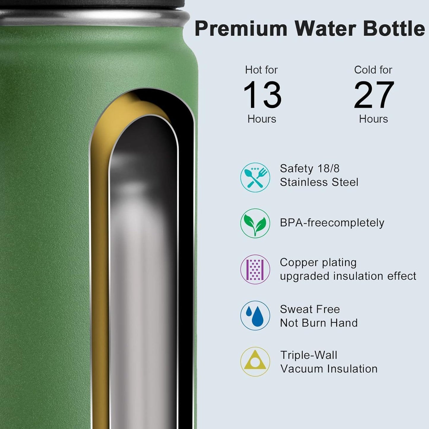 Koodee 12 Oz Stainless Steel Water Bottle - Vacuum Insulated, Leakproof Spout Lid | BPA-Free Grass Green