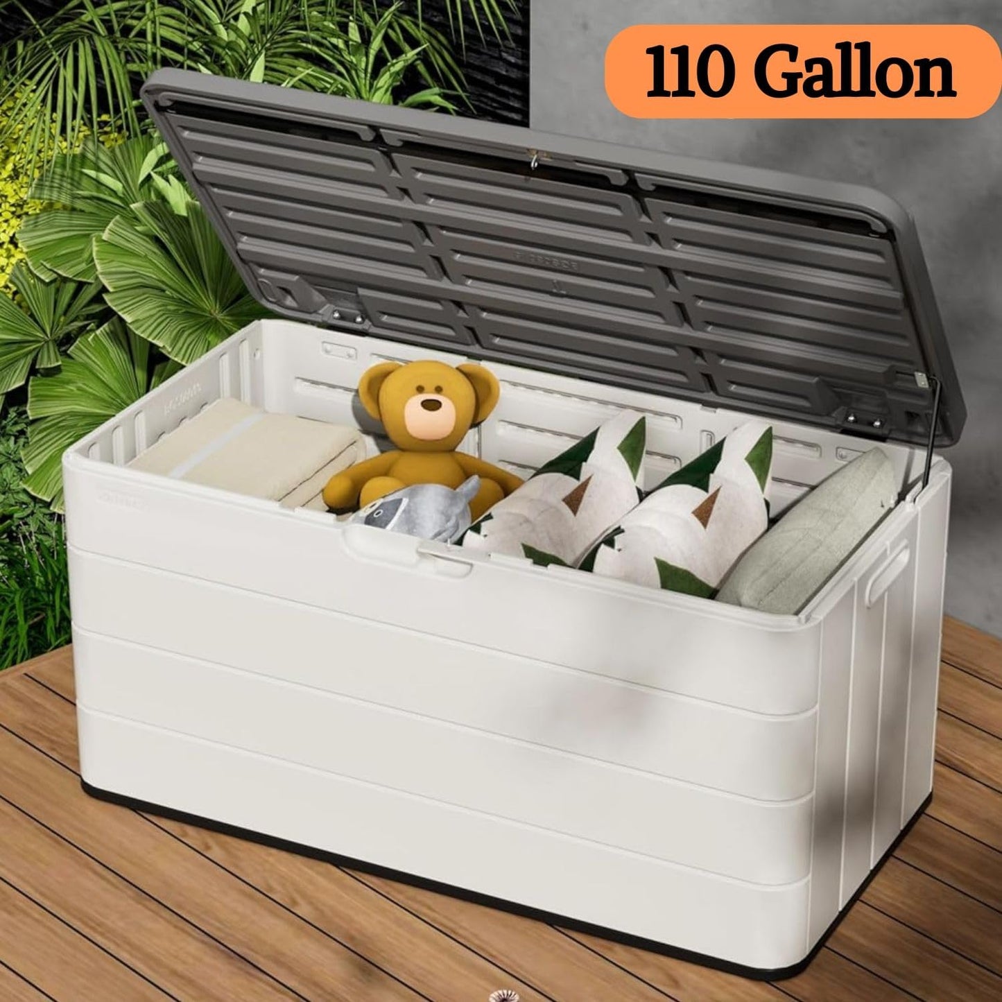 ZZM 110 Gallon Lockable Resin Deck Box - Waterproof Outdoor Storage for Cushions & Tools | White