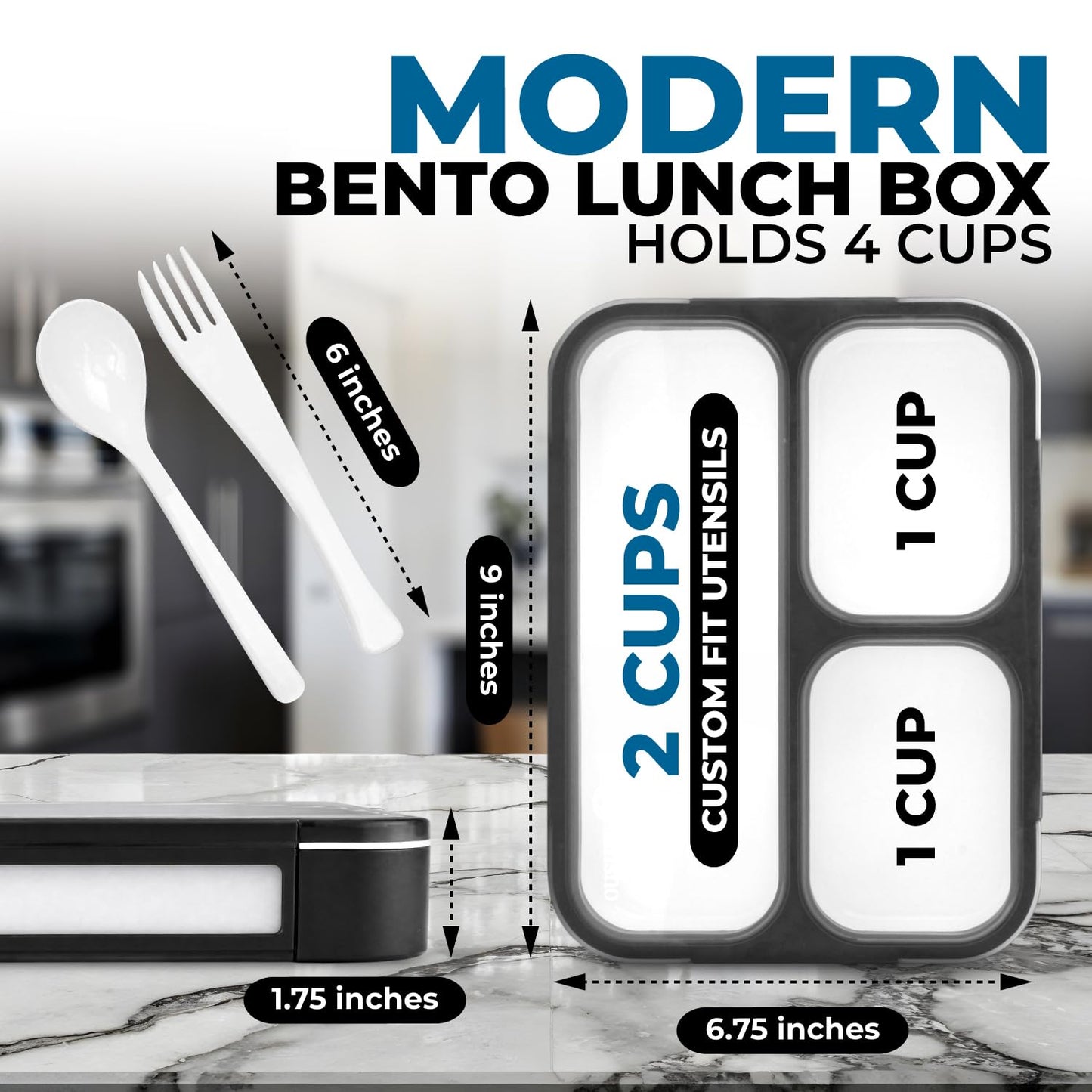 Bento Lunch Box Kids & Adults, Lunch and Snack Containers for Boys & Girls with 3 Compartments - School, Work Daycare, Meal Planning Portion Control Container, BPA-Free Boxes, Utensils, Blue 1 pack
