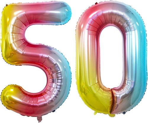 GOER 50th Birthday Balloons - 42 Inch Jumbo Rainbow Foil Helium Decorations for 50th Anniversary