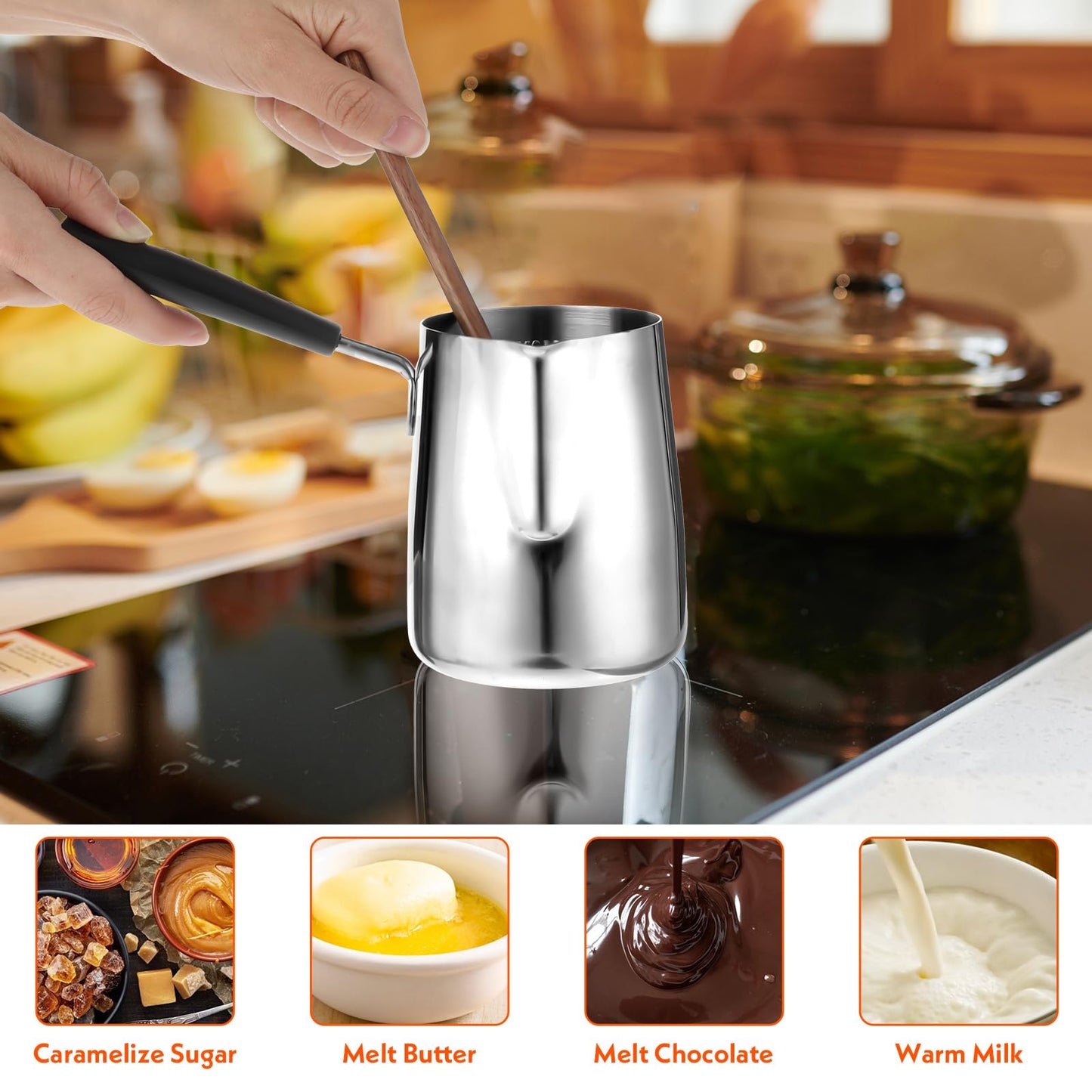 HOFURME Turkish Coffee Pot, Stainless Steel Milk and Coffee Warmer, Greek Arabic Coffee Pot, Stove Top Tea Maker, Chocolate and Butter Melting Pot with Heat Resistant Handle, 20 OZ, 600 ML