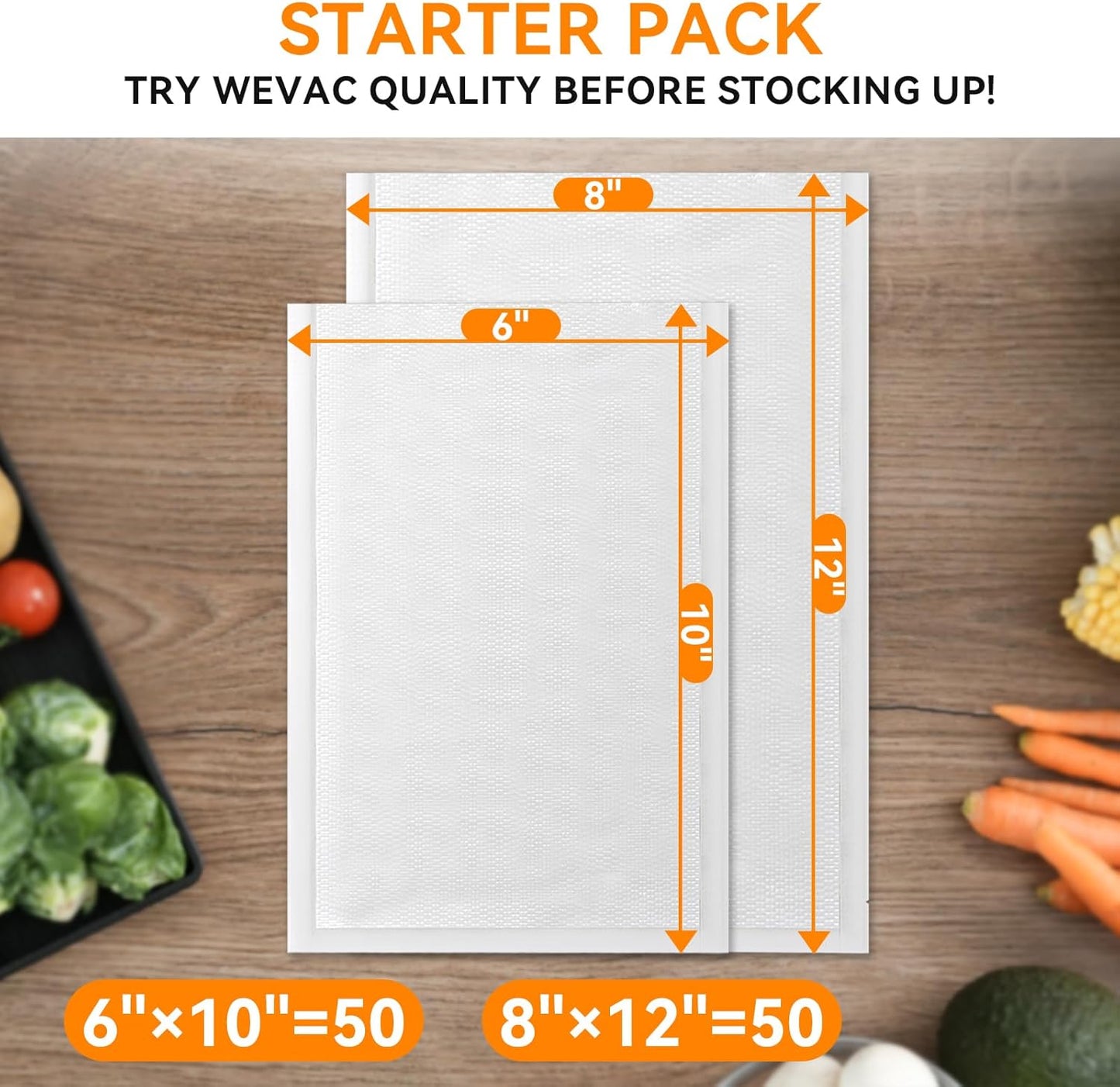 Wevac Vacuum Sealer Bags - Heavy-Duty BPA-Free Food Storage | 100 Count (6"×10" & 8"×12")