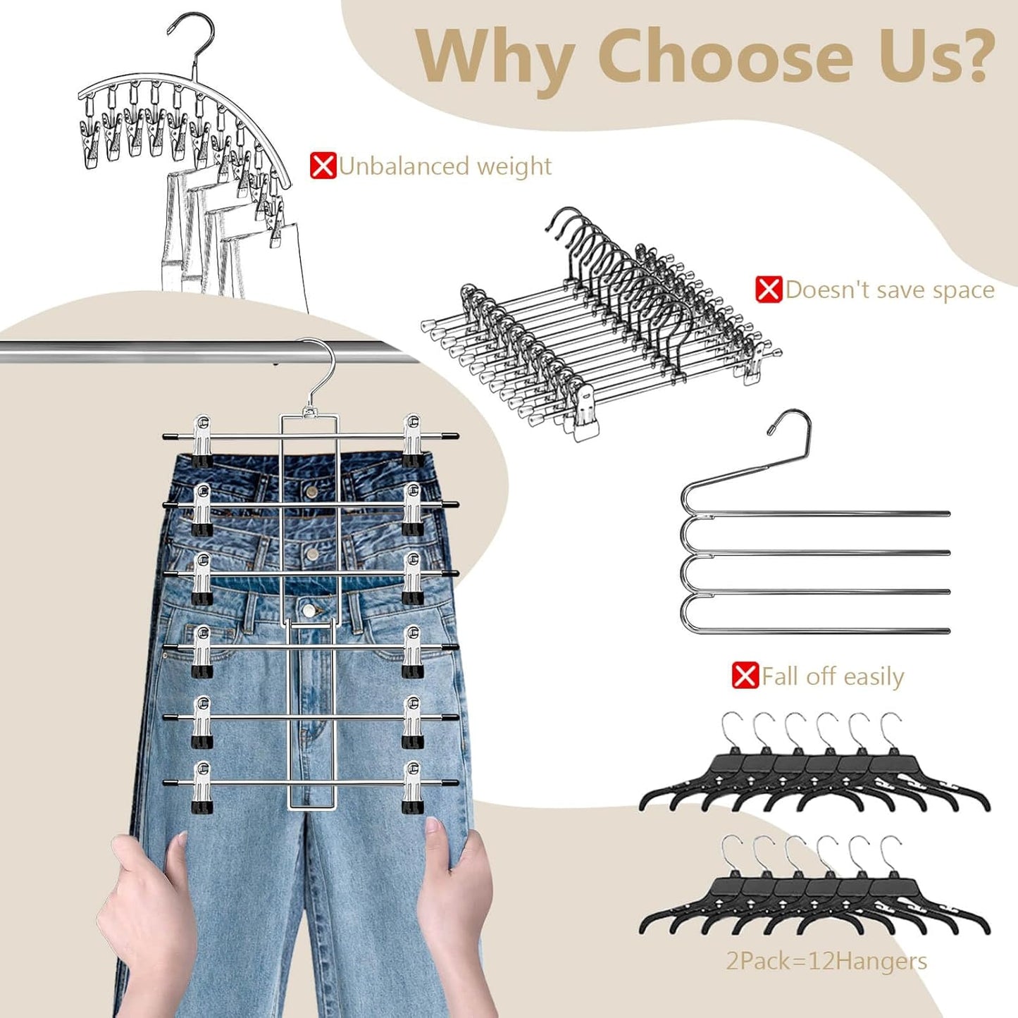 Skiennix Pants Hangers with Clips - Space-Saving 6-Tier Closet Organizer | 360° Swivel Hook - 2 Pack