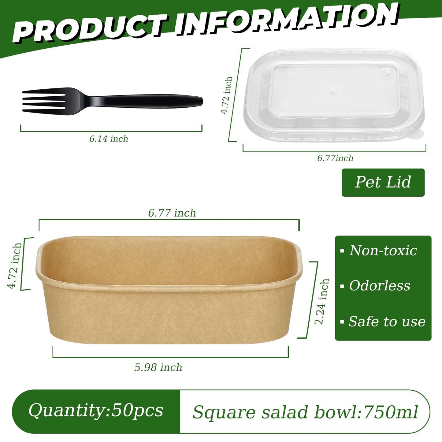 DI QIU REN 50-Pack 25oz Paper Bowls, Disposable Food Containers with Lids and Forks, Cardboard Meal Prep Containers for Diet Salad, Pasta (kraft Paper Rectangular, 25oz 50 Count)