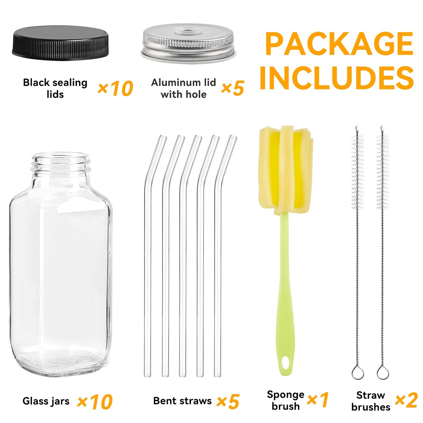 Kucoele 16oz Glass Juice Bottles with Lids, 10 Pack Reusable Smoothie Cups Water Bottles Drinking Jars with Glass Straws, Brush, Lids with Hole