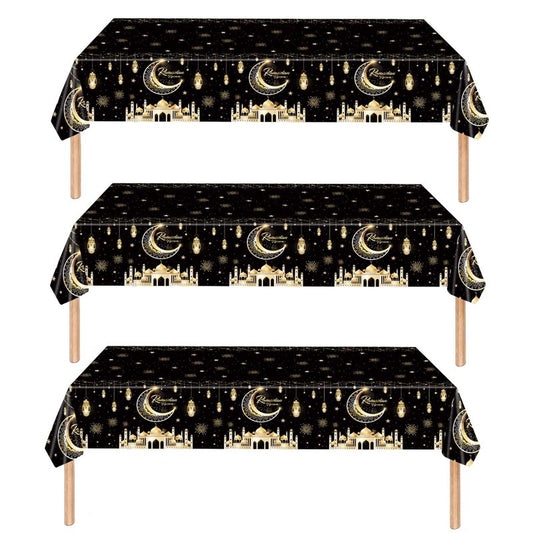 Qpout 3 Pack Ramadan Tablecloths, Disposable Plastic Rectangle Eid Table Covers with Moon and Star Design for Ramadan Mubarak Decorations, 108 x 54 Inches