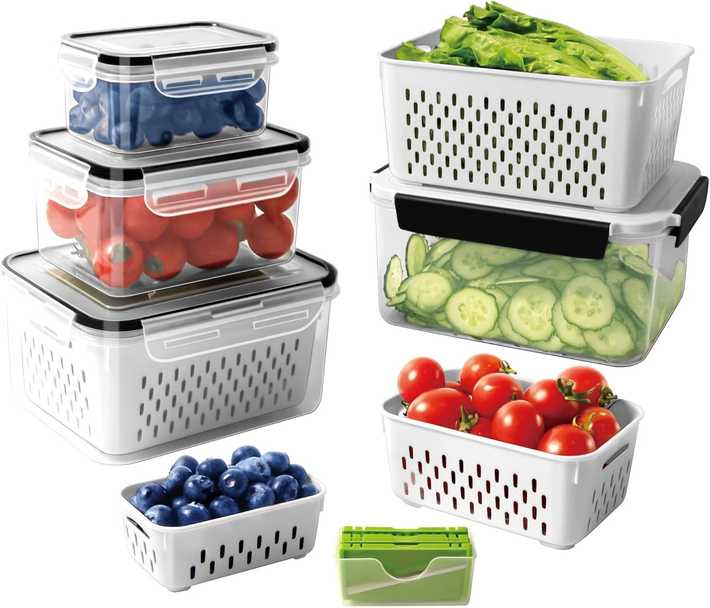 Skiennix Fruit Storage Containers - 4 PCS Leakproof Set with Removable Colander & Chopper | Dishwasher & Microwave Safe