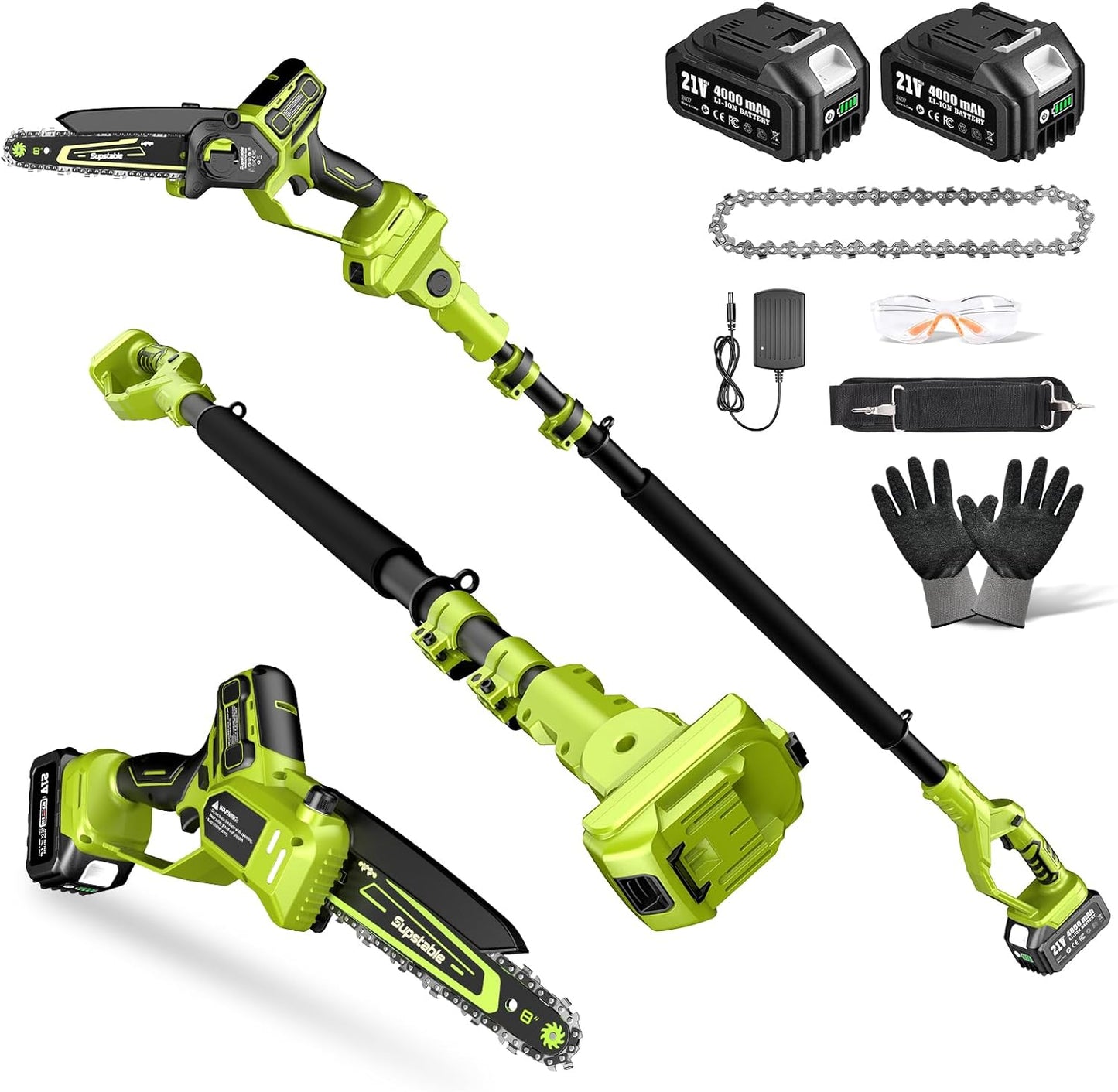 Skiennix Electric Pole Saw - Cordless Mini Chainsaw with 16Ft Reach & Auto Oiling | 8" & 6" Blades, 2x4.0Ah Battery