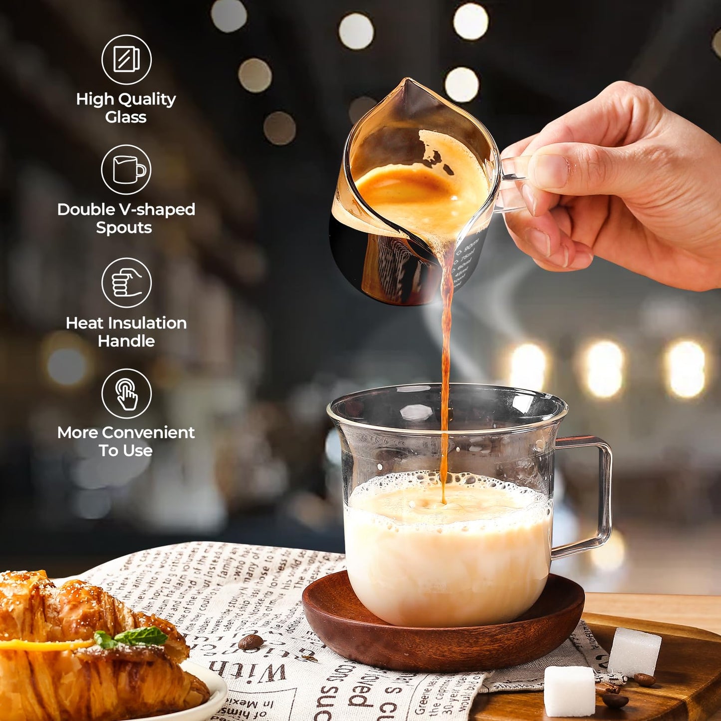 SENTVEND Espresso Cups Set of 2, 4 Oz Espresso Shot Glass with Handle Double Spout Measuring Cups with Scale Clear Glass Milk Cup Coffee Accessories Great for Making Coffee Desserts Salad Dressing