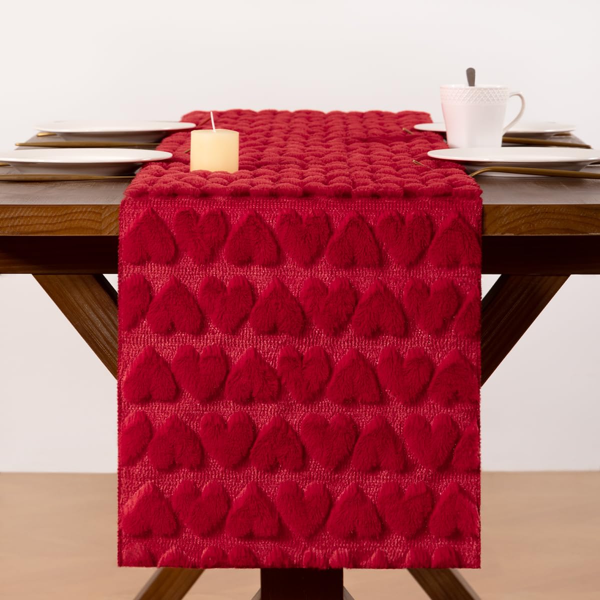 Socomi Red Heart Valentine's Day Romantic Plush Fluffy Faux Fur Jacquard Table Runner for Holiday Kitchen Dining Table Decoration Home Party Decor 13x72 Inch
